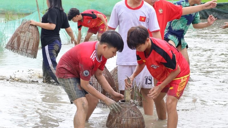 Bắt cá dưới ao tại Làng Đồng Mộc